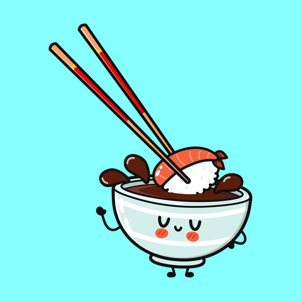 Bowl of soy sauce waving hand. Vector hand drawn cartoon kawaii character illustration icon. Isolated on blue background. Bowl of soy sauce character concept