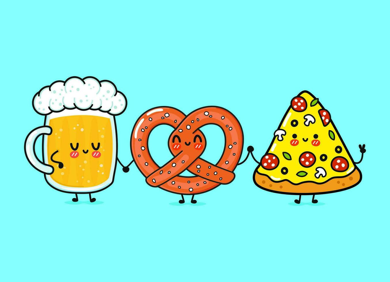 lindo, divertido vaso feliz de cerveza, pizza y pretzel. personajes kawaii de dibujos animados dibujados a mano vectorial, icono de ilustración. Divertido vaso de dibujos animados de cerveza, pizza y concepto de amigos mascota pretzel vector