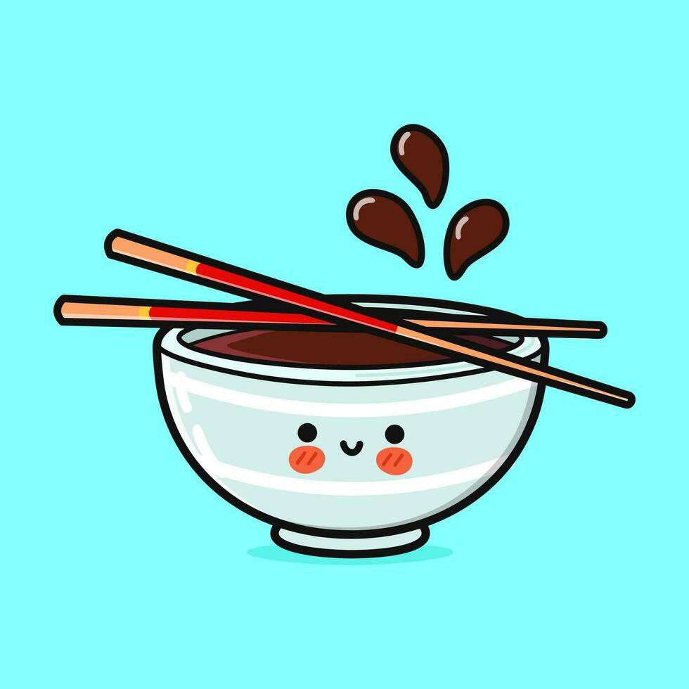 Cute funny Bowl of soy sauce. Vector hand drawn cartoon kawaii character illustration icon. Isolated on blue background. Bowl of soy sauce character concept