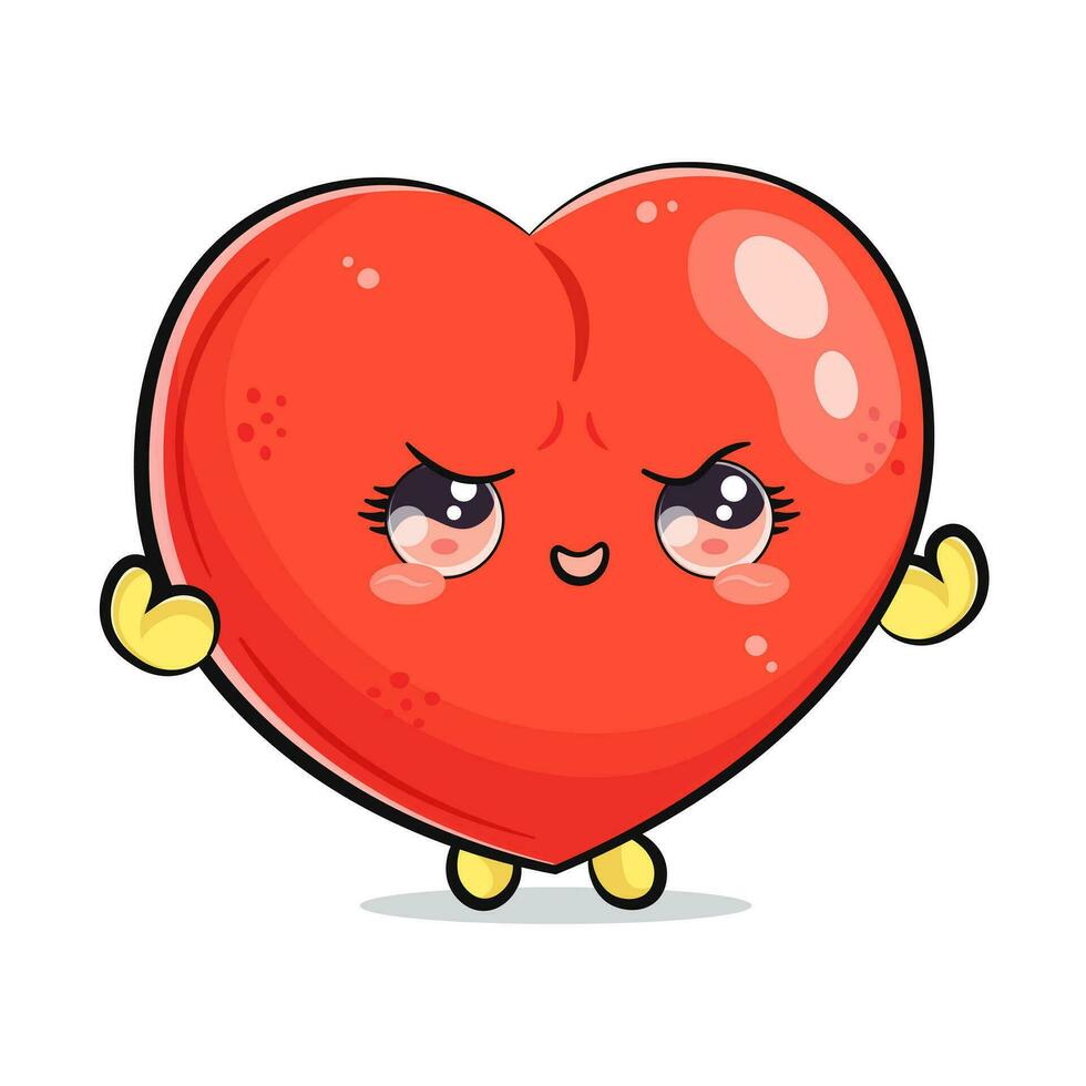 linda gracioso corazón forma fuerte. vector mano dibujado dibujos animados kawaii personaje ilustración icono. aislado en blanco antecedentes. corazón forma muestra músculos personaje concepto