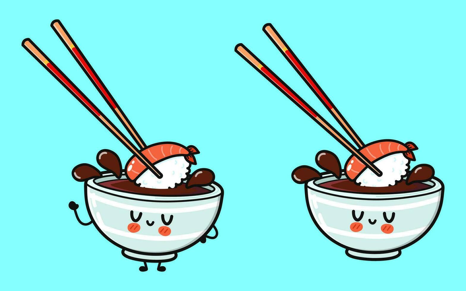 Cute funny Bowl of soy sauce waving hand. Vector hand drawn cartoon kawaii character illustration icon. Isolated on blue background. Bowl of soy sauce character concept