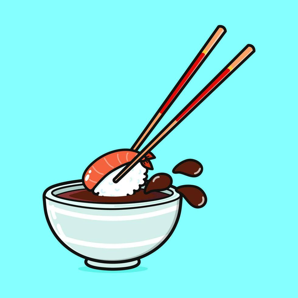 Cute funny Bowl of soy sauce. Vector hand drawn cartoon kawaii character illustration icon. Isolated on blue background. Bowl of soy sauce character concept