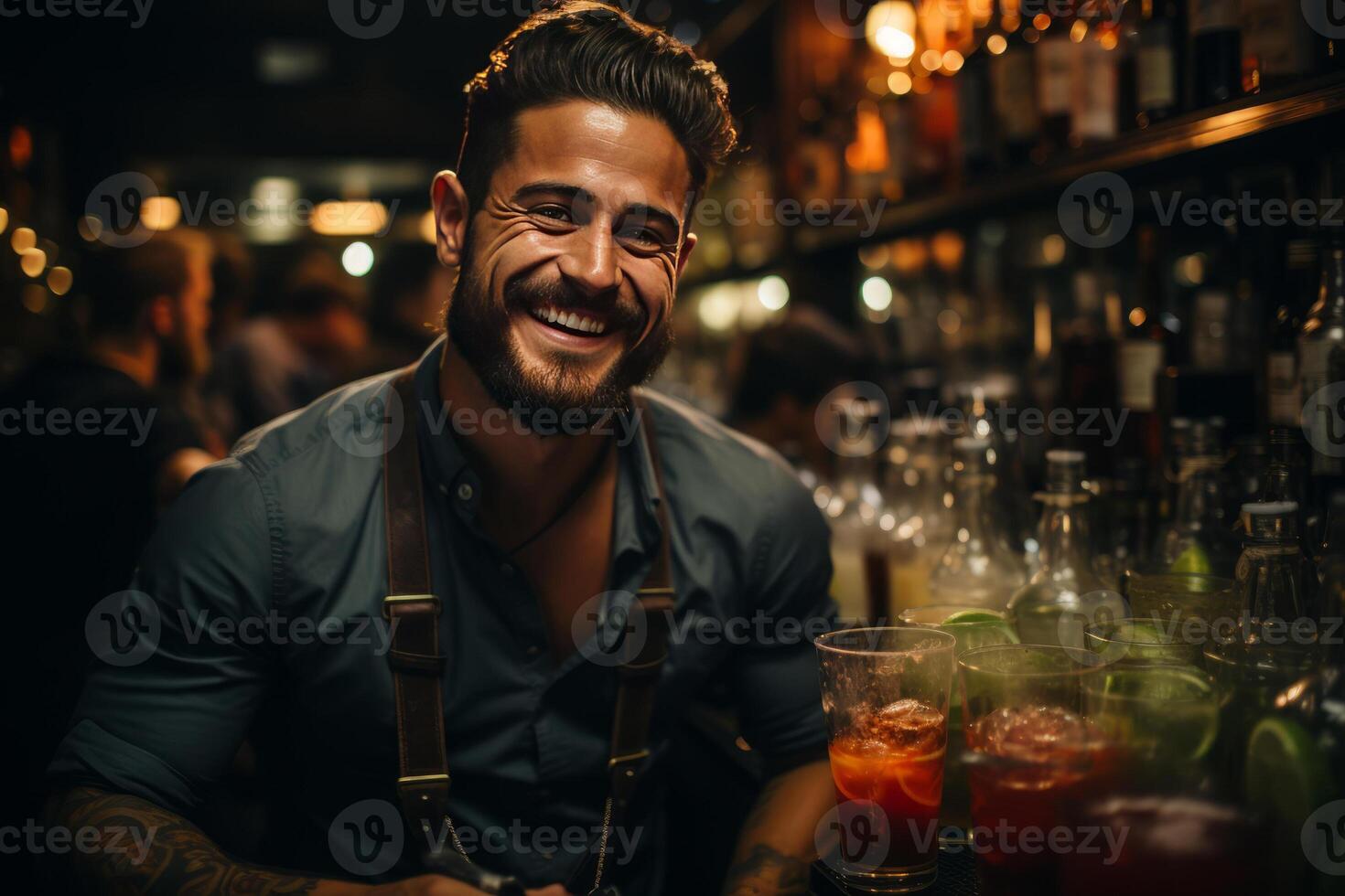portrait smiling bartender mixes a cocktail in a shaker. photo