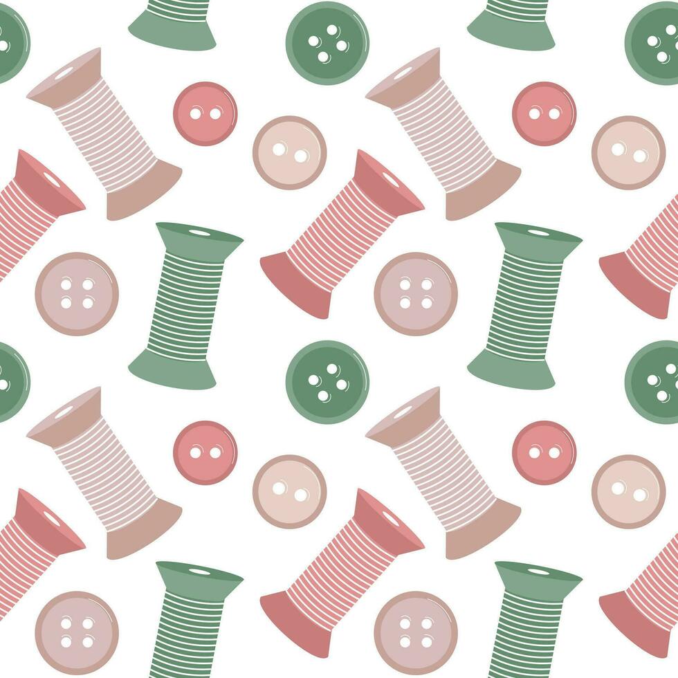 Seamless pattern on a sewing theme, spools of thread, buttons on a white background. Print, textile, decor for sewing vector