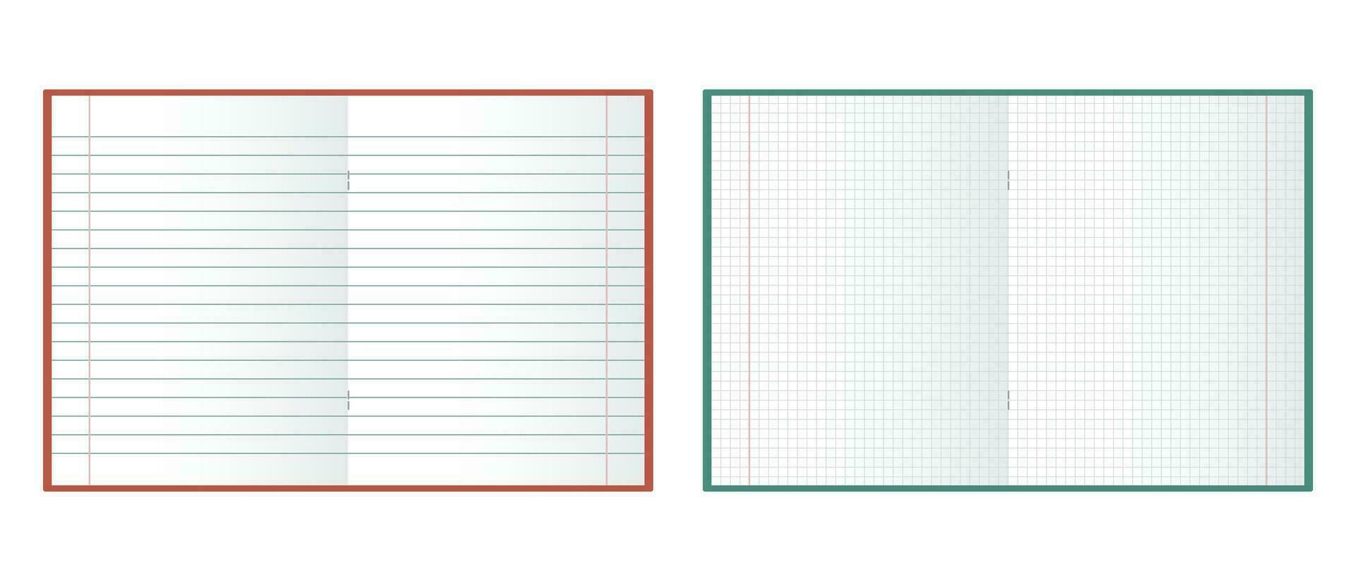 School notebook. Mockup, blank checkered and linear notepads on white background. Illustration, vector
