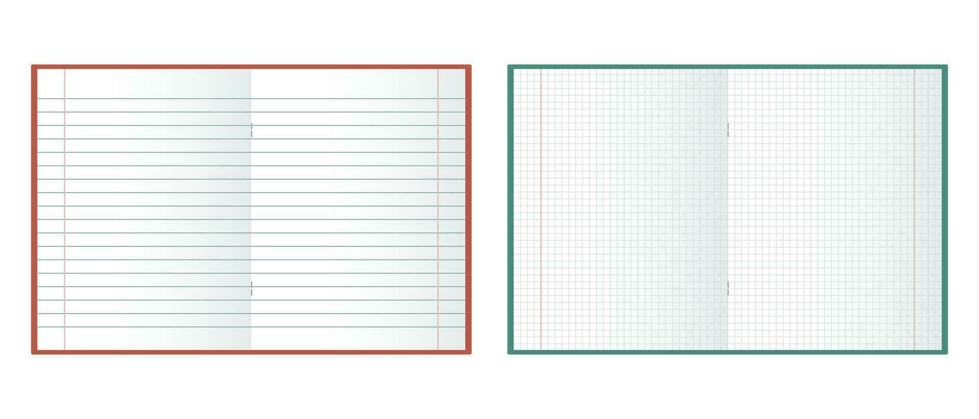 School notebook. Mockup, blank checkered and linear notepads on white background. Illustration, vector