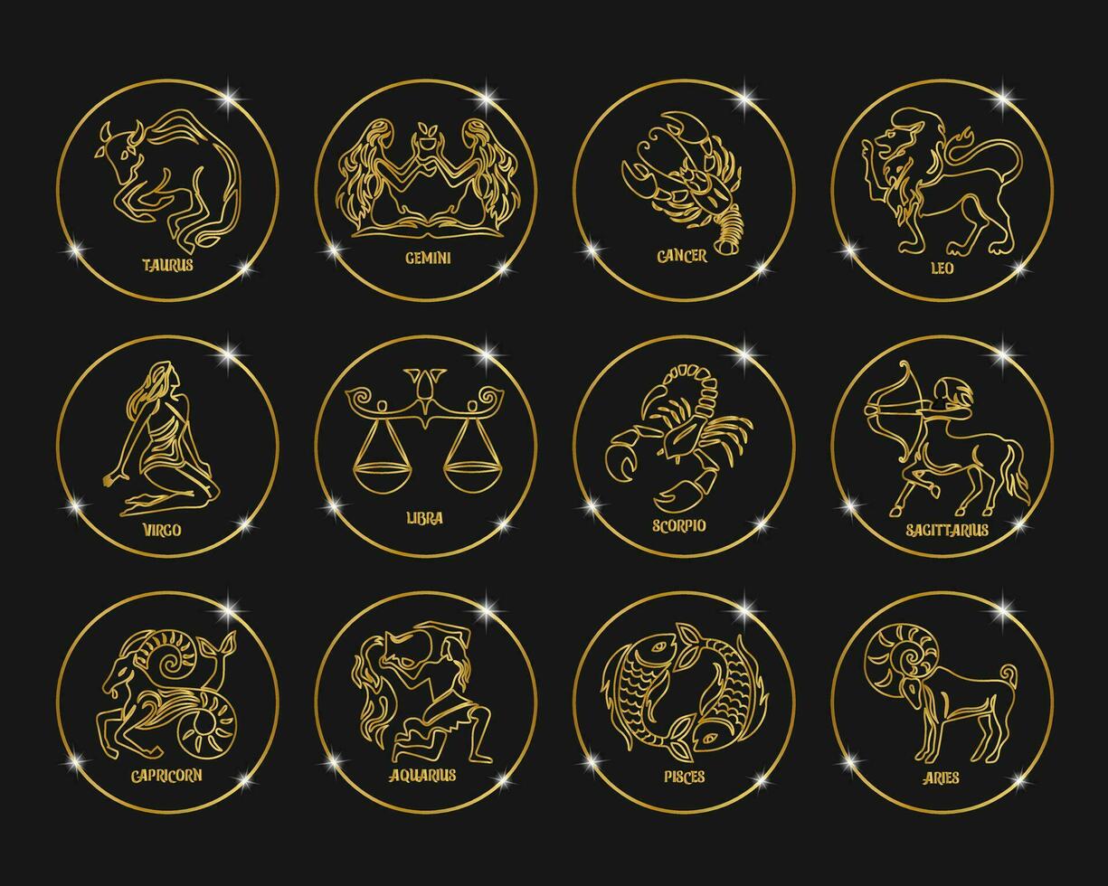 Zodiac signs in golden shiny circles, set. Golden design on a black background. Icons, vector