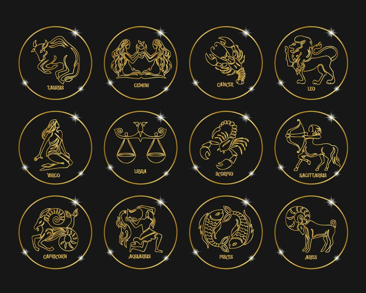 signos del zodiaco en círculos dorados brillantes, establecidos. diseño dorado sobre fondo negro. iconos, vectores