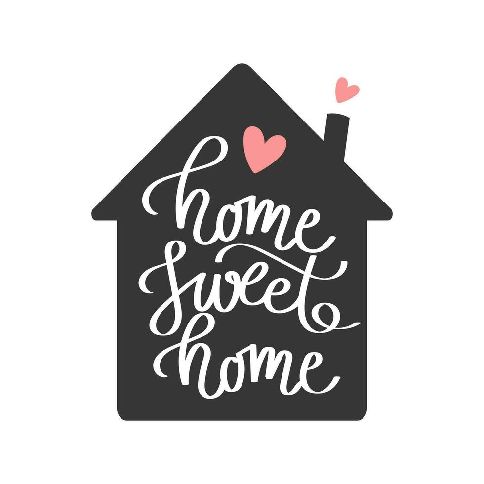 Home sweet home lettering in the shape of a home. Calligraphic inscription, slogan, quote, phrase. Inspirational card, poster, typographic design vector