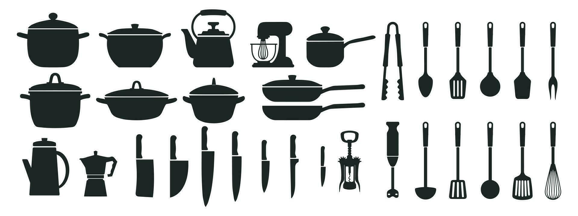 Big set of kitchen utensils, silhouette. Pots, pans, ladle, kettle, coffee maker, mixer, blender, knives. Icons, vector