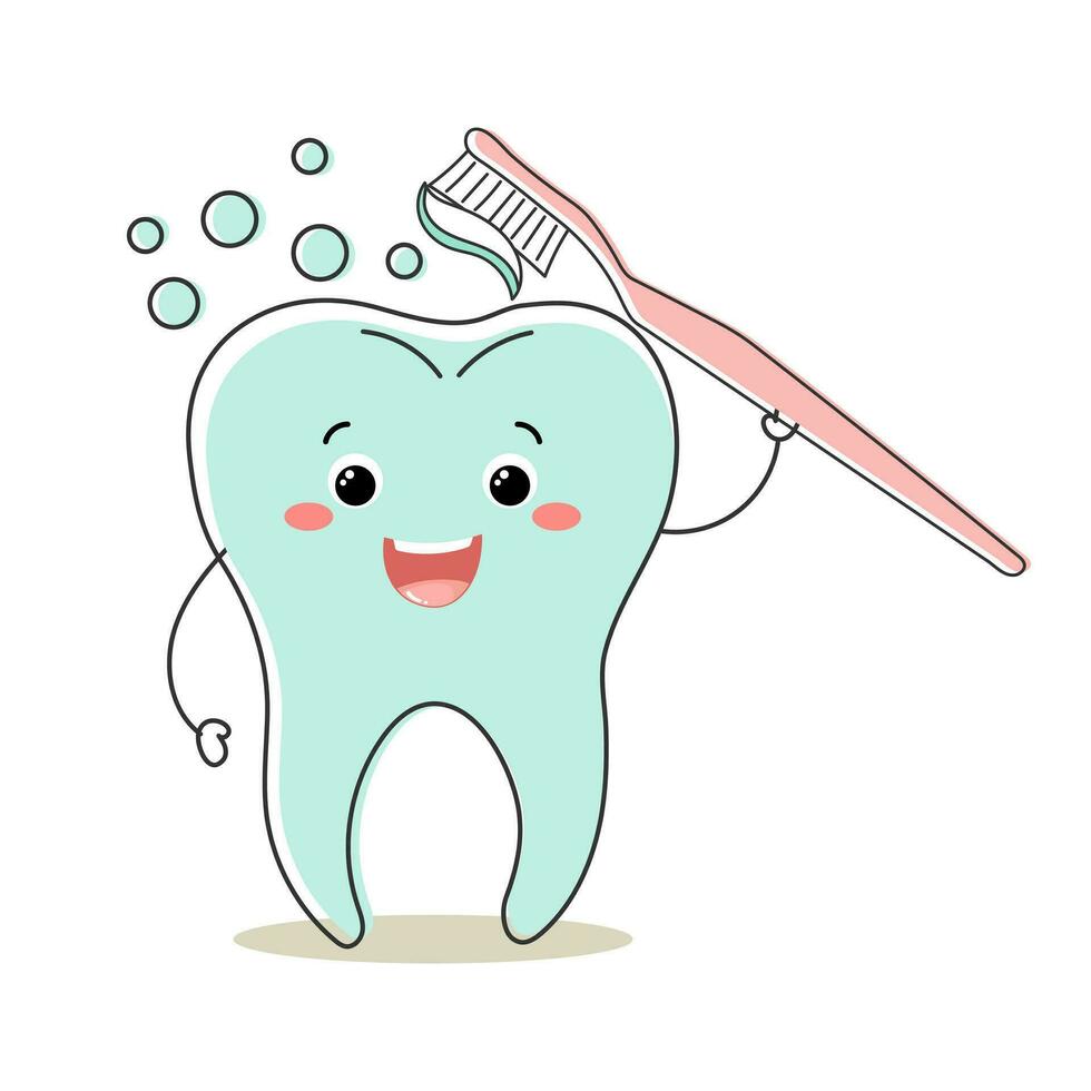 Healthy tooth kawaii character with toothbrush, cute cartoon character. Dental care. Illustration, icon, vector