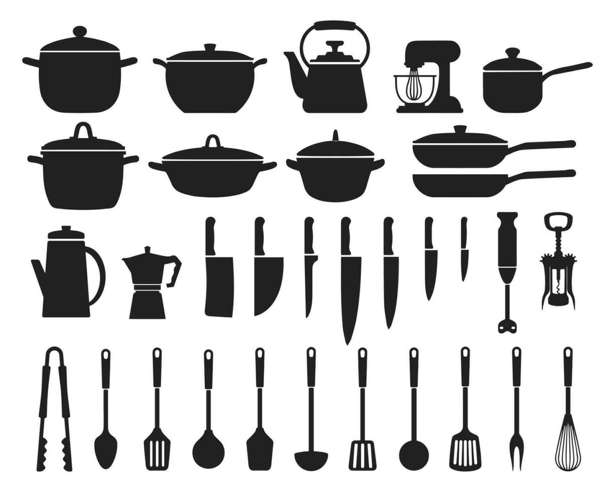 grande conjunto de cocina utensilios, silueta. ollas, fritura sartenes, cucharón, pava, café fabricante, mezclador, licuadora, cuchillos iconos, vector