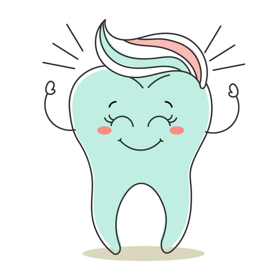 Healthy tooth kawaii character with toothpaste, cute cartoon character. Dental care. Illustration, icon, vector