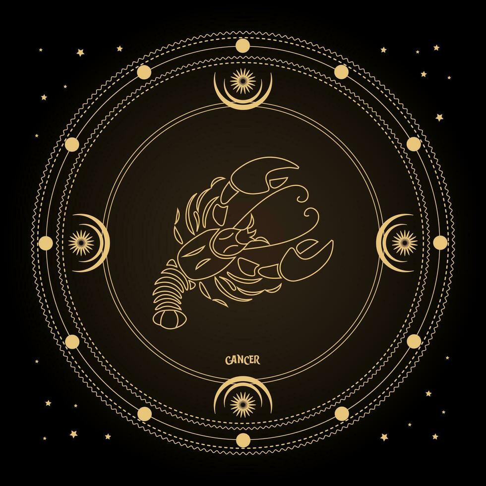 Cancer zodiac sign, astrological horoscope sign in a mystical circle with moon, sun and stars. Golden design, vector