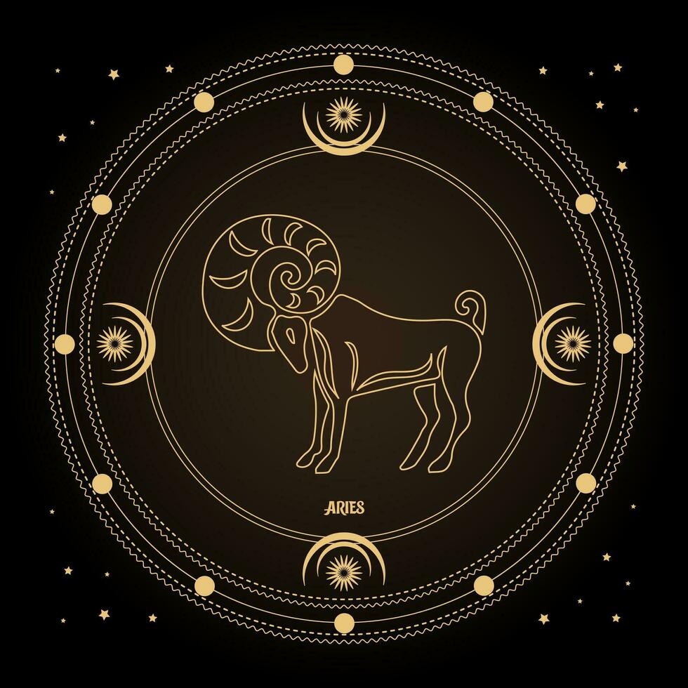 Aries zodiac sign, astrological horoscope sign in a mystical circle with moon, sun and stars. Golden design, vector