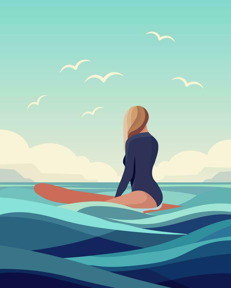 Seascape, girl surfer sits on a surfboard on the waves of the ocean. Active recreation concept. Clip art, print, wall art vector