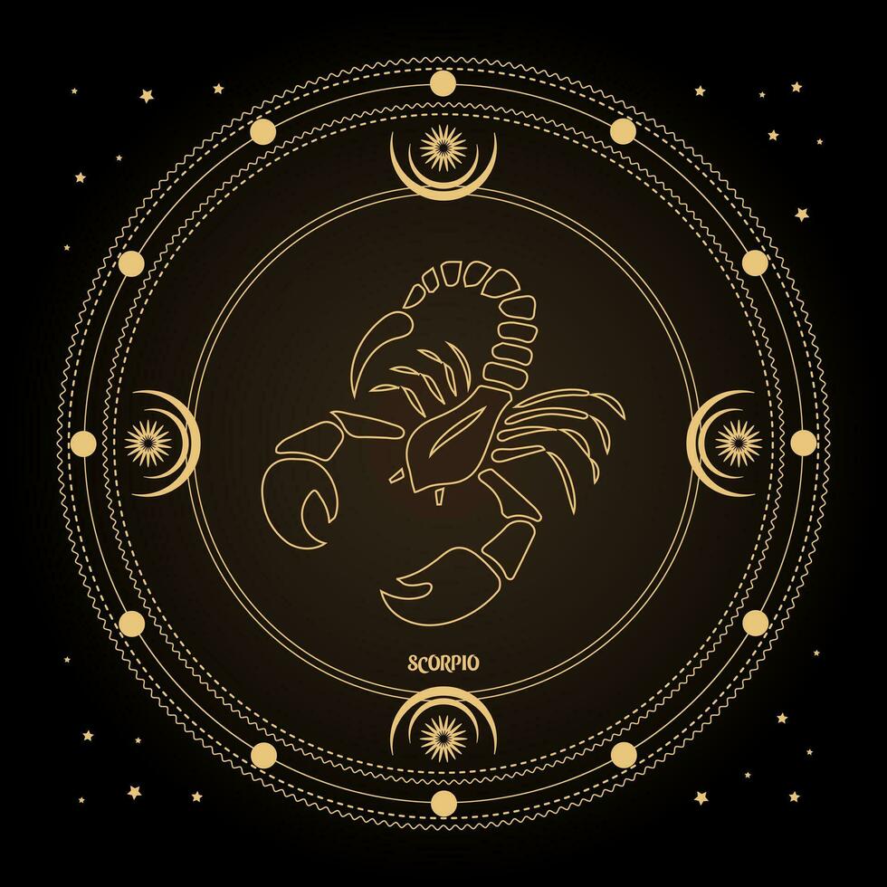 Scorpio zodiac sign, astrological horoscope sign in a mystical circle with moon, sun and stars. Golden design, vector