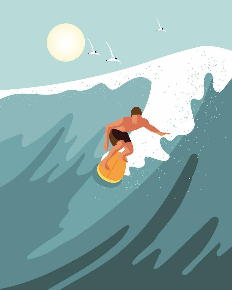 surfista masculino en una tabla de surf en una ola oceánica. paisaje marino de verano, ilustración, póster. vector