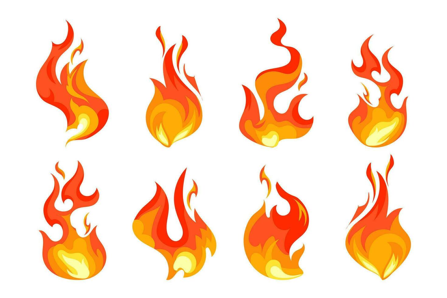 Fire flame, set. Hot flaming elements. Bonfire. Decorative elements. Icons, vector