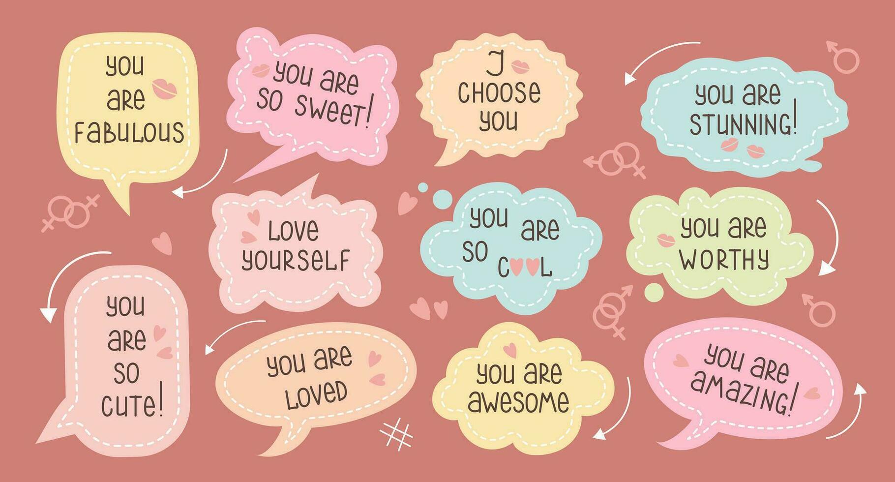 Set of inspirational speech bubbles with compliments, quotes about love for yourself and others. Cartoon icons, stickers, vector