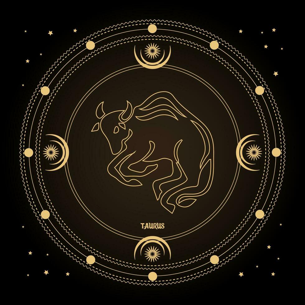Taurus zodiac sign, astrological horoscope sign in a mystical circle with moon, sun and stars. Golden design, vector