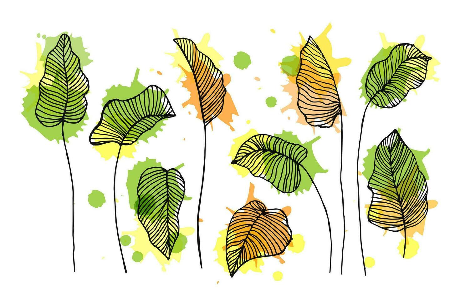 A set of contour leaves with the addition of watercolor spots. Illustration, icons, vector
