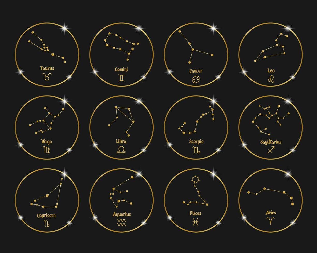 Constellations of zodiac signs in golden shiny circles, set. Golden design on a black background. Icons, vector