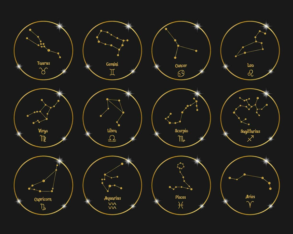 Constellations of zodiac signs in golden shiny circles, set. Golden design on a black background. Icons, vector