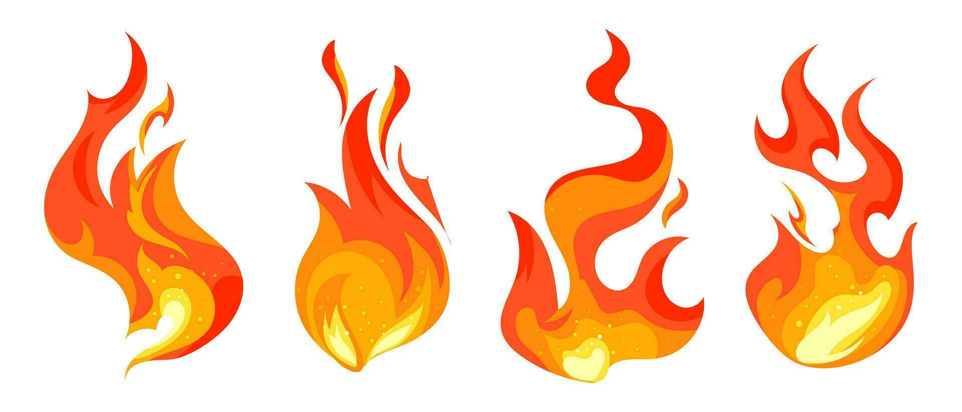 Fire flame, set. Hot flaming elements. Bonfire. Decorative elements. Icons, vector