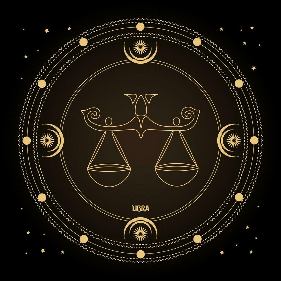 Libra zodiac sign, astrological horoscope sign in a mystical circle with moon, sun and stars. Golden design, vector