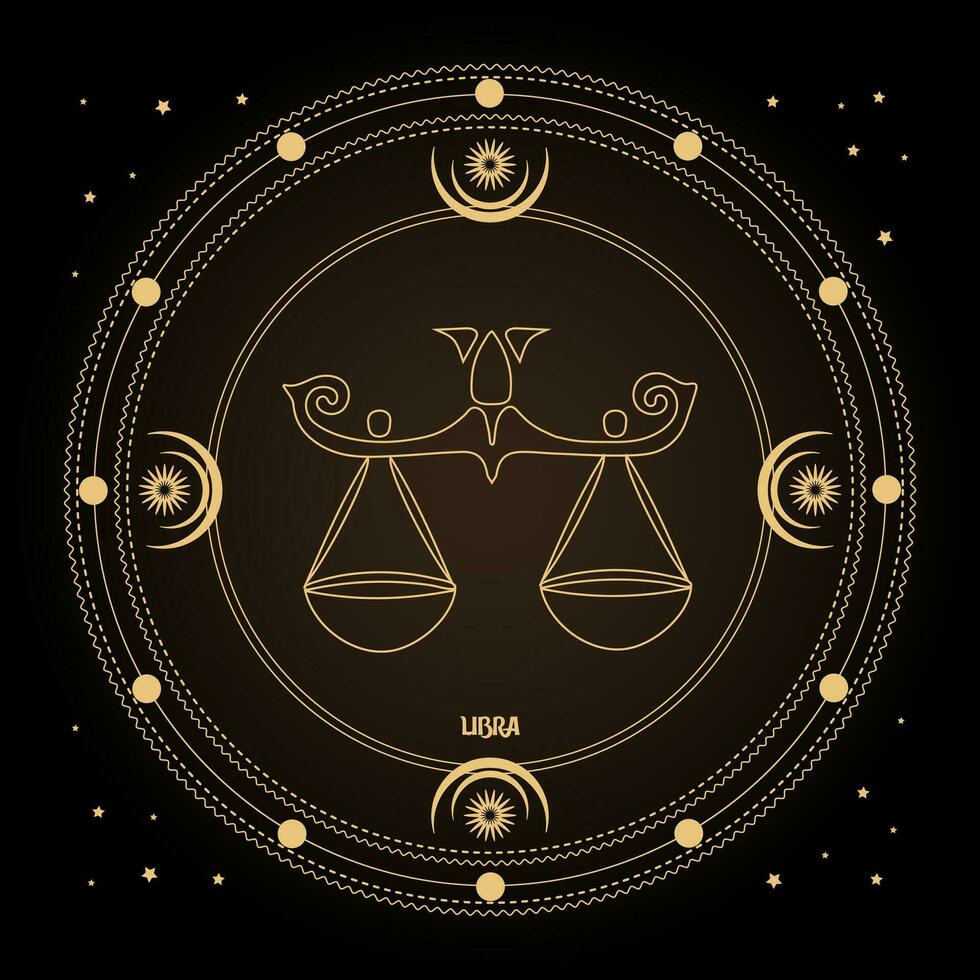 signo del zodiaco libra, signo del horóscopo astrológico en un círculo místico con luna, sol y estrellas. diseño dorado, vectorial vector