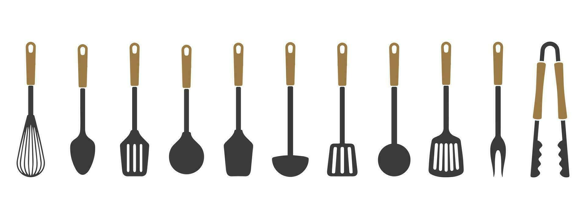grande conjunto de cocina utensilios, silueta. espátulas, mano mezclador, cucharas, cucharones, tenazas. iconos, vector
