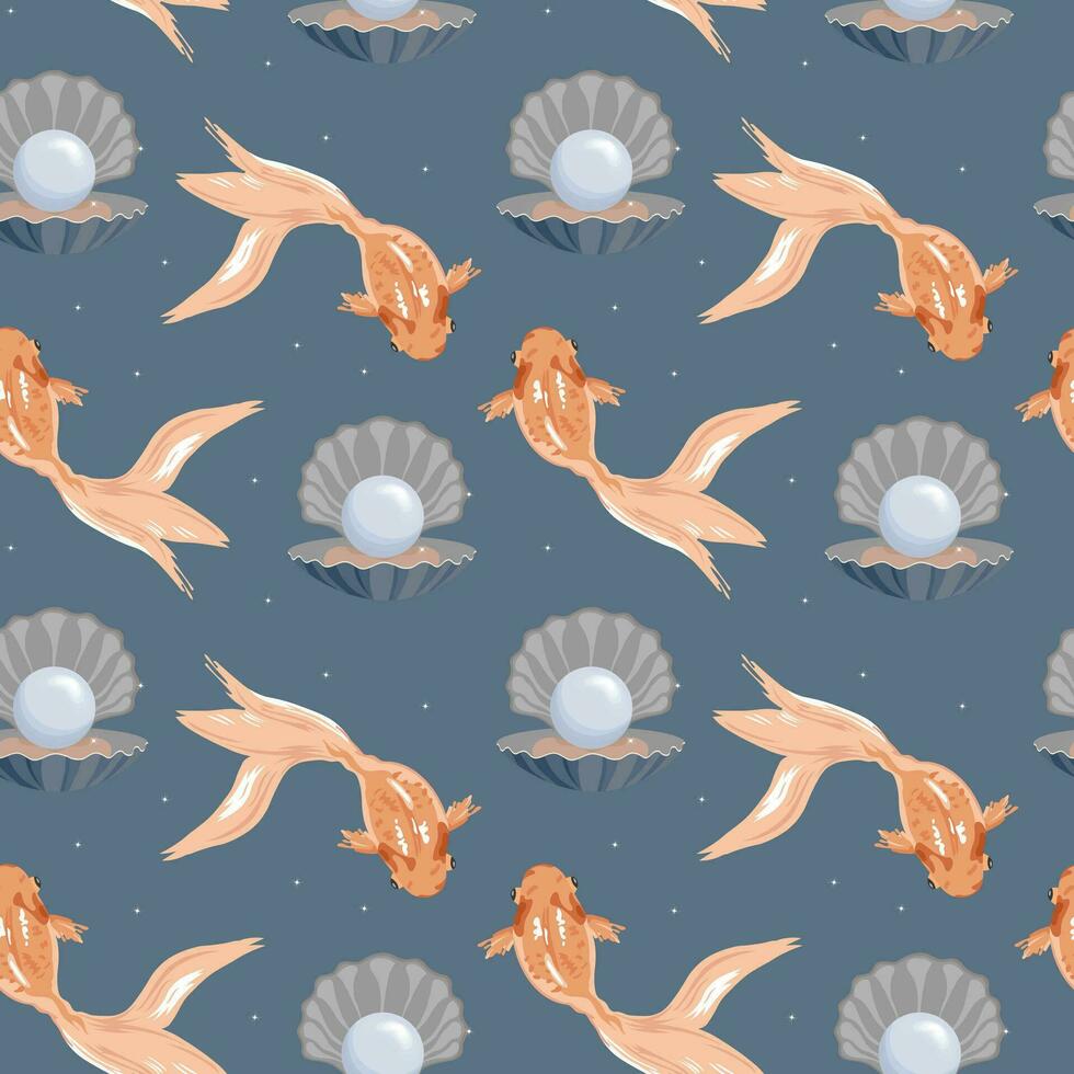 Seamless pattern, cute golden fish and white pearls in shells on a blue background, pastel colors. Print, textile, wallpaper, bedroom decor vector