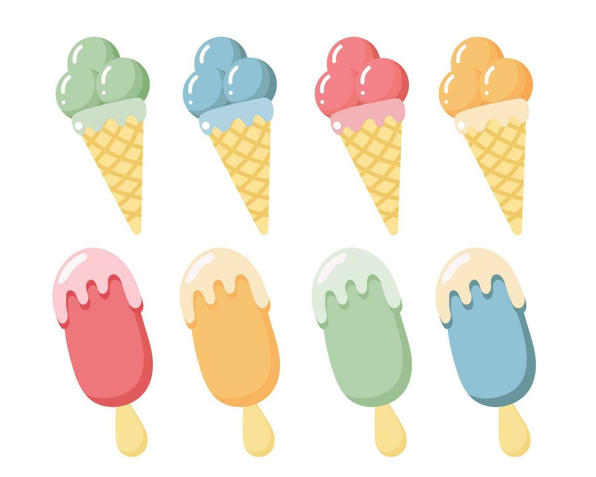 A set of drawn ice creams on a stick and in waffle cones. Print, food illustration, dessert, vector