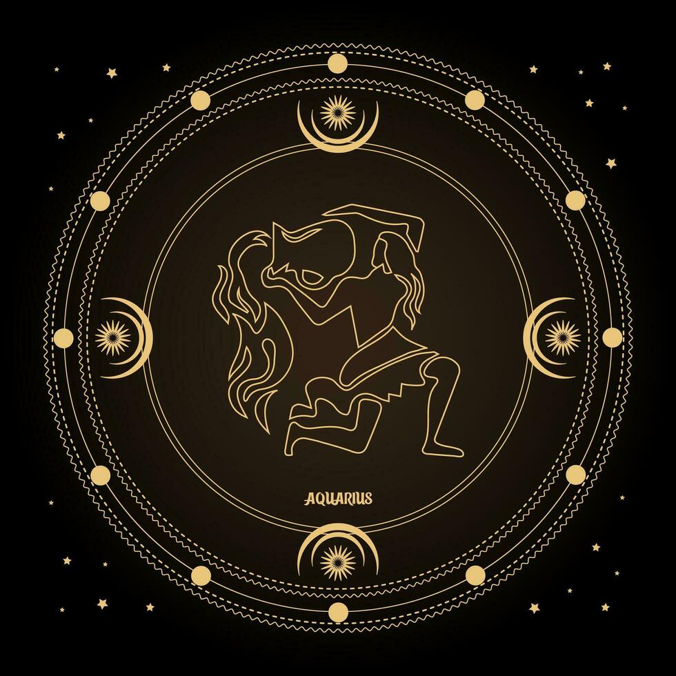Aquarius zodiac sign, astrological horoscope sign in a mystical circle with moon, sun and stars. Golden design, vector