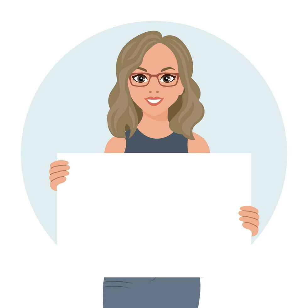 Beautiful happy woman in glasses holding a blank sign, billboard. Flat style illustration, vector