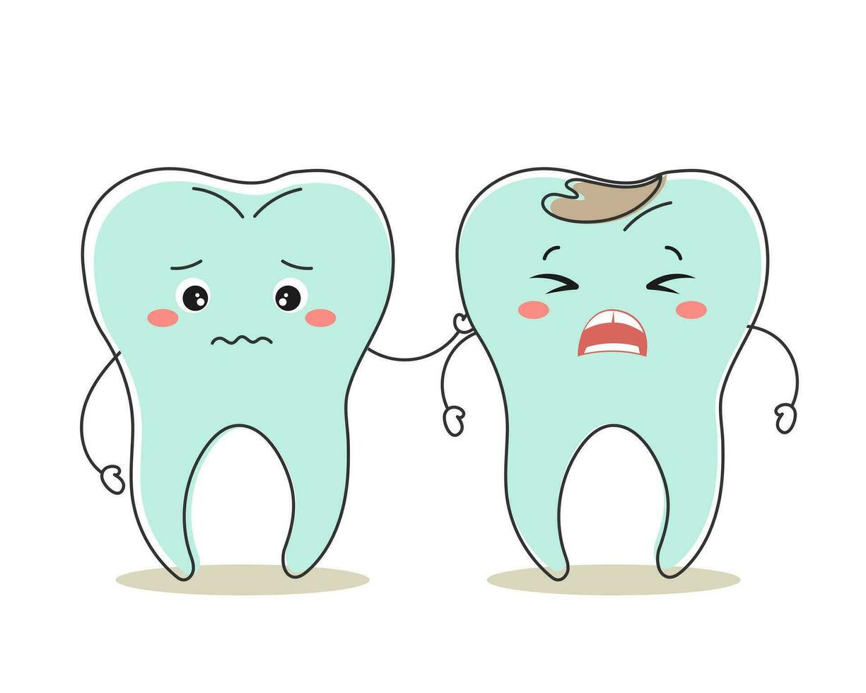 Healthy and unhealthy teeth kawaii characters, cute cartoon characters. Dental care. Illustration, icon, vector