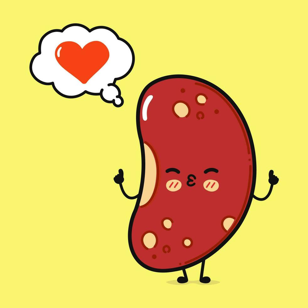 Cute funny red Bean doing yoga with speech bubble. Vector hand drawn cartoon kawaii character illustration icon. Isolated on yellow background. Soy Bean in love character concept
