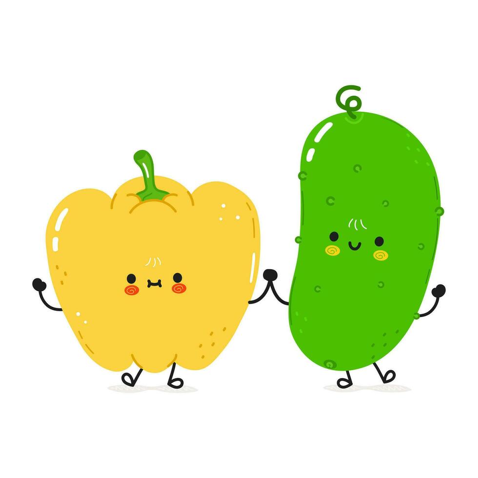 Bell pepper and cucumber card. Vector hand drawn doodle style cartoon character illustration icon design. Happy Bell pepper and cucumber friends concept card