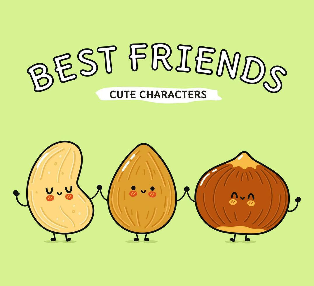 Cute, funny happy almonds, hazelnut and cashews nut. Vector hand drawn cartoon kawaii characters, illustration icon. Funny happy cartoon almond, hazelnut cashew nut mascot friends concept