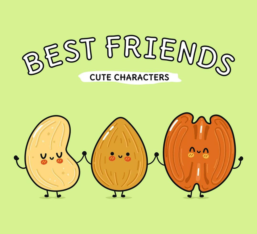 Almonds, pecan and cashews nut. Vector hand drawn cartoon kawaii characters, illustration icon. Funny happy cartoon almond, pecan cashew nut mascot friends concept