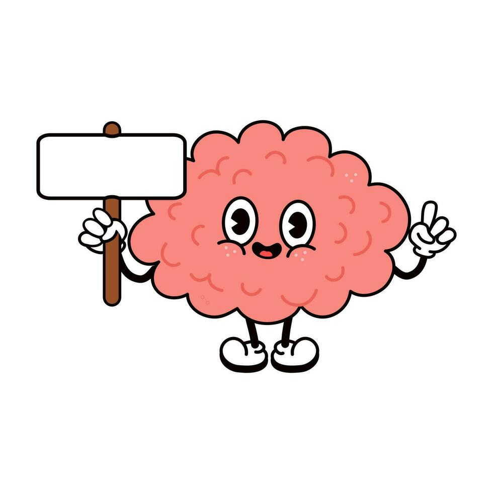 Brain with an inscription character. Vector hand drawn traditional cartoon vintage, retro, kawaii character illustration icon. Isolated white background. Brain character