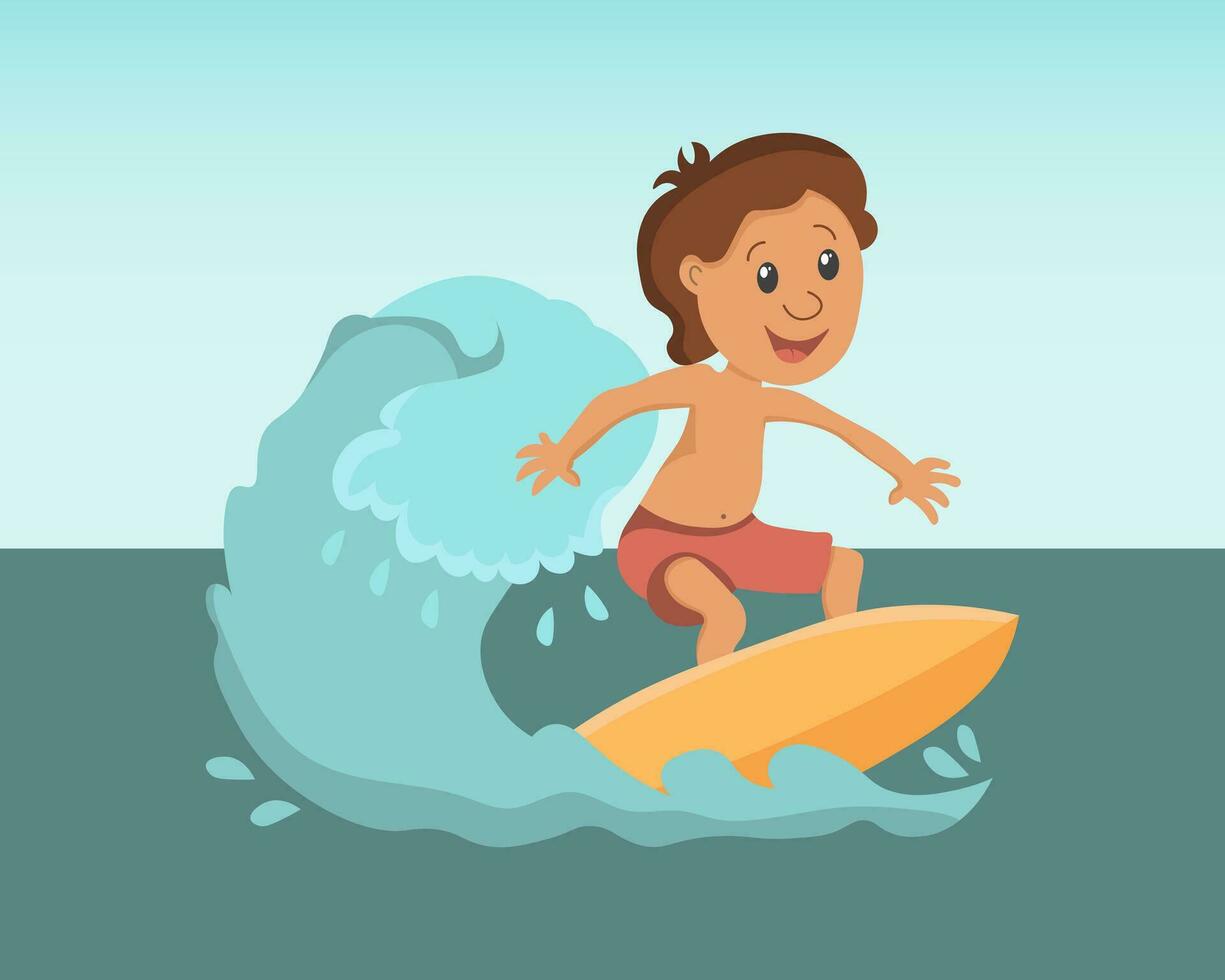Summer illustration, a cheerful surfer on a wave against the backdrop of a sea landscape. Clip art, print, poster, vector