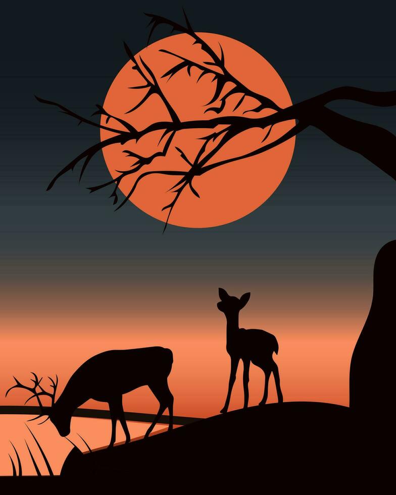 ilustración, noche paisaje, siluetas de un ciervo en un lago, árbol y puesta de sol. póster, fondo de pantalla, vector