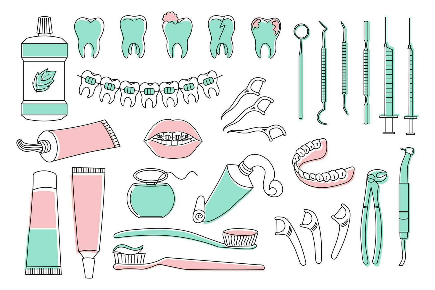 Dental icons set, dentistry symbols collection. Sketches with color, logo illustrations, dental clinic linear signs set. vector
