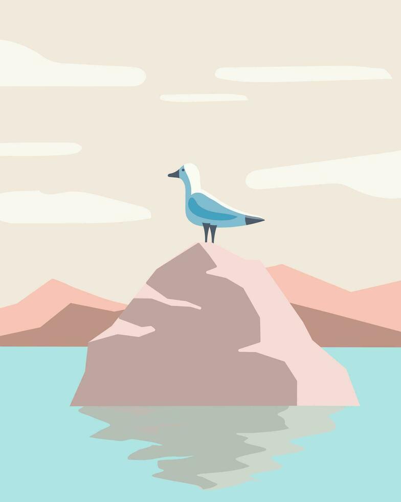 Summer illustration, seagull bird on a rock against the backdrop of a sea landscape. Clip art, print, poster vector