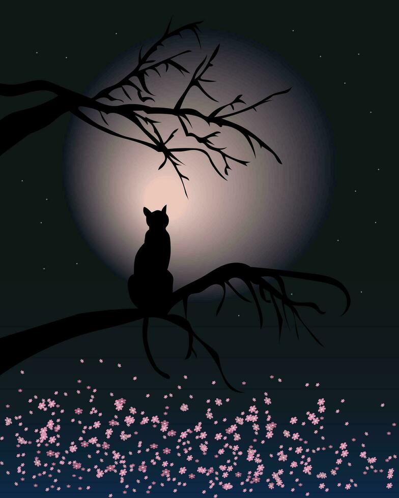 Night landscape, silhouette of a black cat on a tree and the moon on an abstract starry background. Poster, Illustration, wallpaper, vector