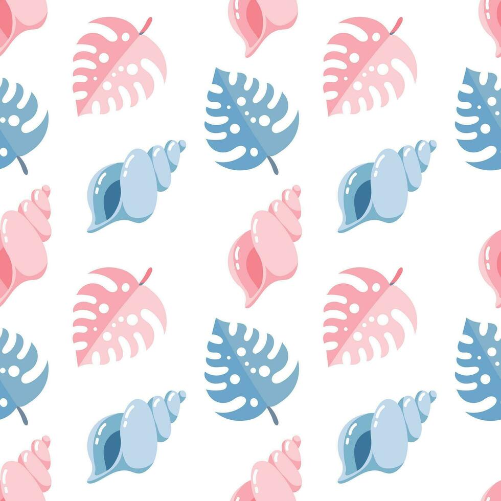 Seamless pattern, sea shells and tropical monstera leaves. Print, summer background, textile, vector