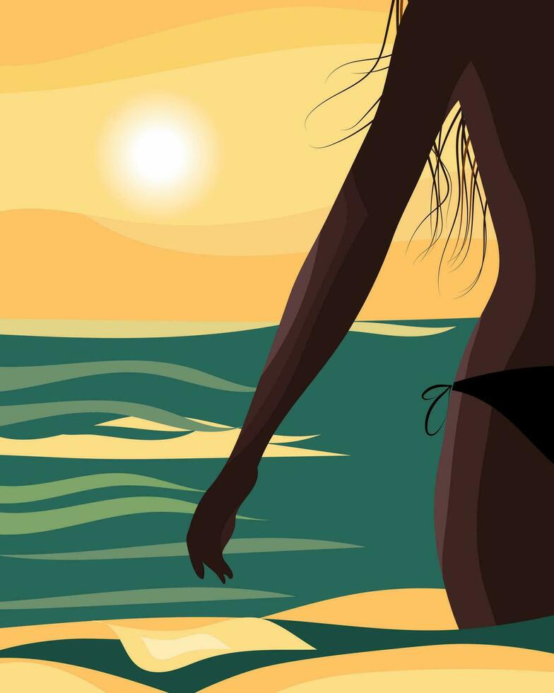 Illustration, silhouette of a woman in a bikini against the backdrop of a seascape and sunset. Postcard, clip art, poster vector