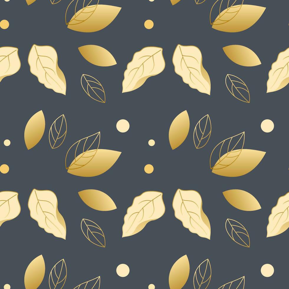 Seamless pattern, golden leaves with a contour on a gray background. Vintage background, print, textile, vector